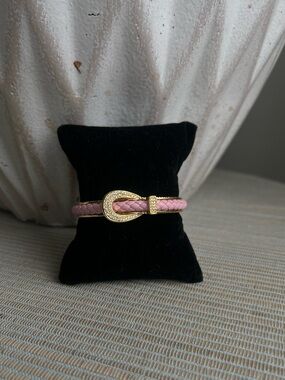 Adjustable Pink Braided Leather Bracelet with Gold Buckle